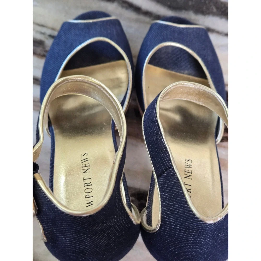Newport News Denim Cork Platform Peep Toe Heels Dark Wash Gold‎ 10